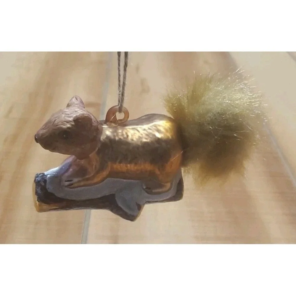 Squirrel Christmas Ornament Hand Blown‎ Glass Animal Plush Fur Tail 5